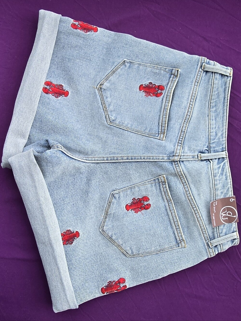 DRIFTWOOD Light Blue Denim Shorts with Red Lobster Embroidery - Picture 3 of 9